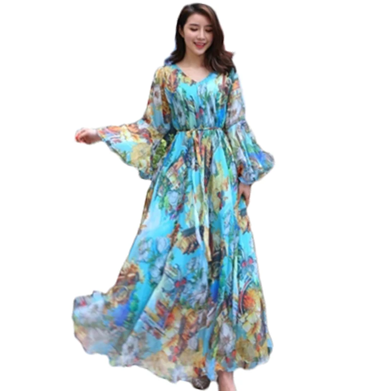 

2018 New Summer Dress Women's Plus Size Bohemian Long Dress Fashion Lady's Loose Large Size Pringting Long Dress XL-5Xl J116