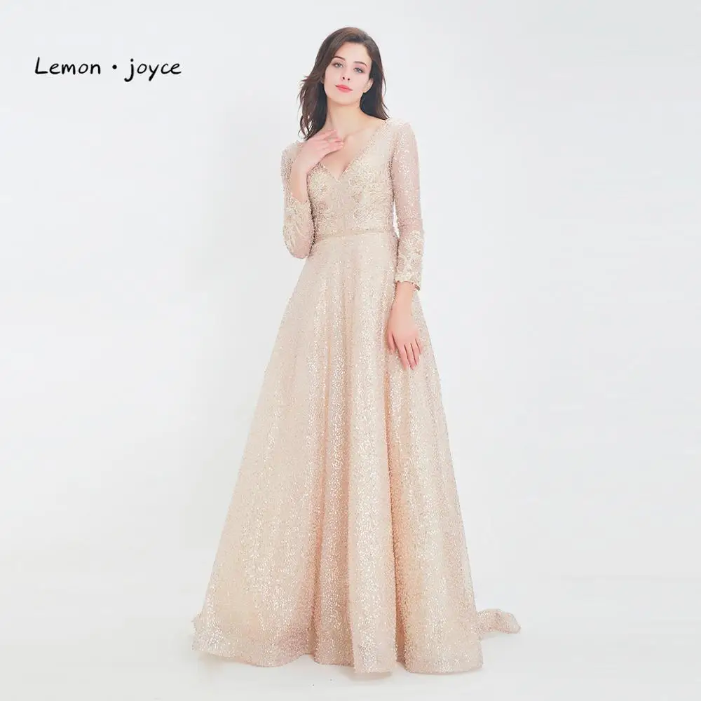 Lemon joyce Champagne Evening Dresses Long Sleeves for Women Sexy V-neck Backless A-line Prom Gowns robe de soiree