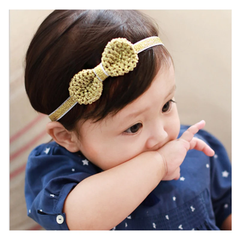 Детская блестящая повязка для волос с бантом аксессуары серебристого и золотого