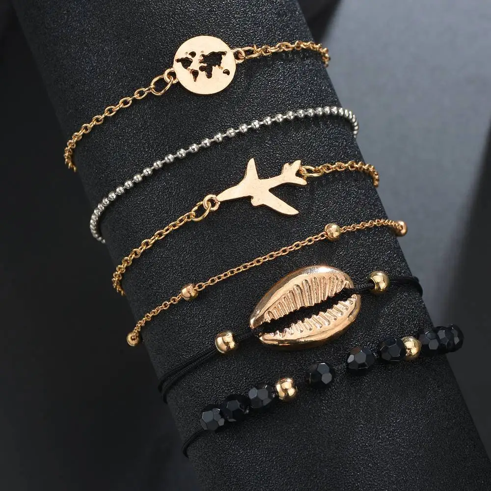 

Terreau Kathy 6 Pcs Set Personality Aircraft Shell Map Bead Chain Leather Multilayer Braided Bracelet Feminine Charm Bracelet