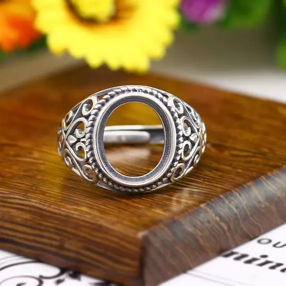 

Art Nouveau 925 Sterling Silver Semi Mount Wedding Ring for 11x13mm Oval Cabochon Amber Agate Turquoise Vintage Retro