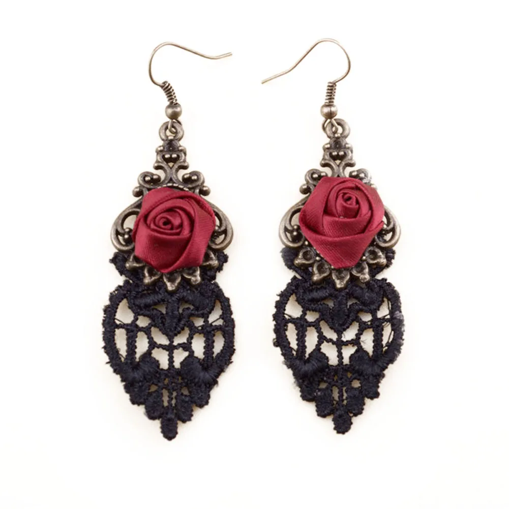 

New Gothic Dangle Earrings Medieval Retro Vampire Silk Red Rose Lace Elegant Party Costume Ball Drop Earrings for Women