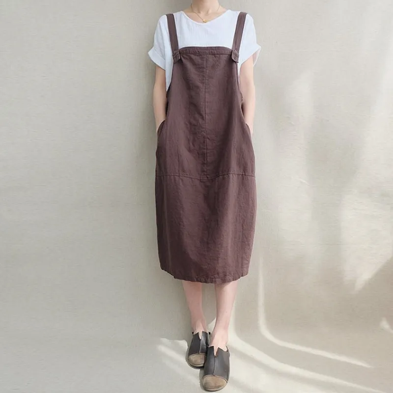 

2019 ZANZEA Summer Women Sleeveless Solid Cotton Linen Suspenders Dress Back V Pockets Baggy Party Dungarees Bib Vestido S-5XL