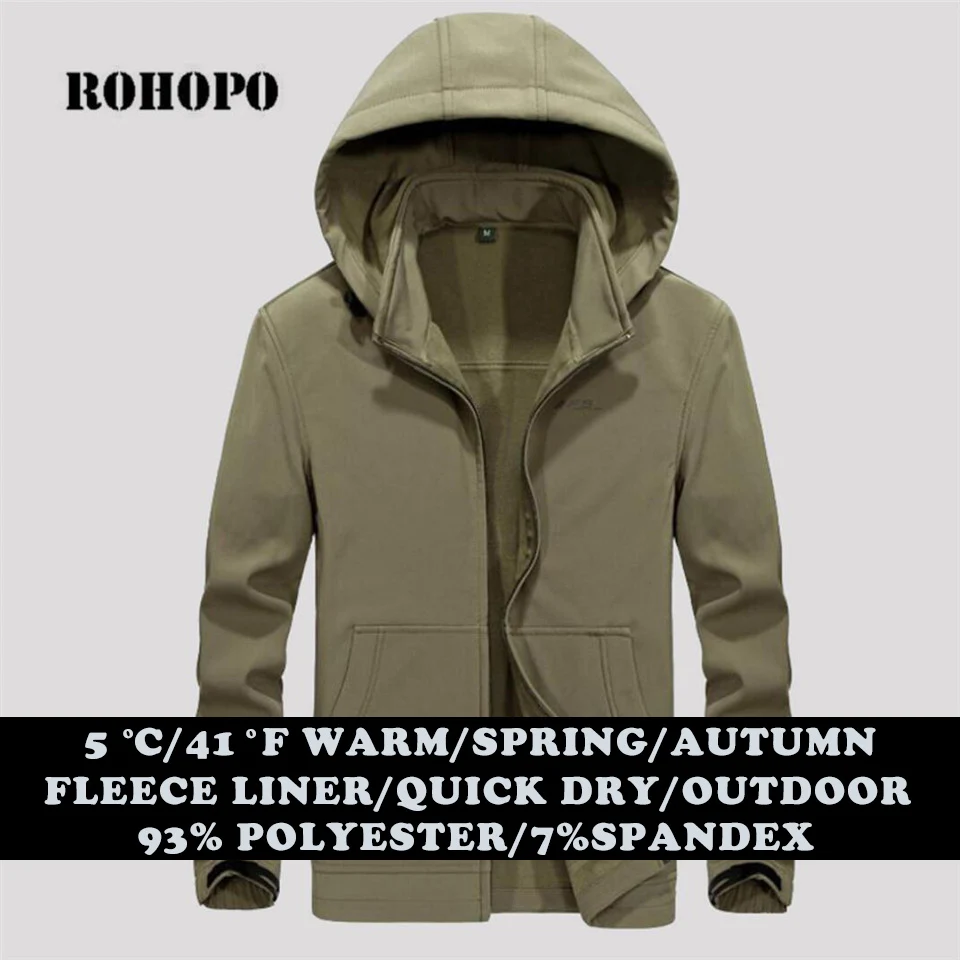 

ROHOPO Jacket Man Fleece liner Soft shell jackets Men Hooded Spring Warm Windbreaker Male Casual Quick Dry hooded collar jacket
