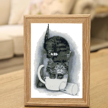 

Joy Sunday Greedy Cat Pattern DIY Handmade DMC 14ct and 11ct Cross stitch kit and Precise Printed Embroidery set Needlework