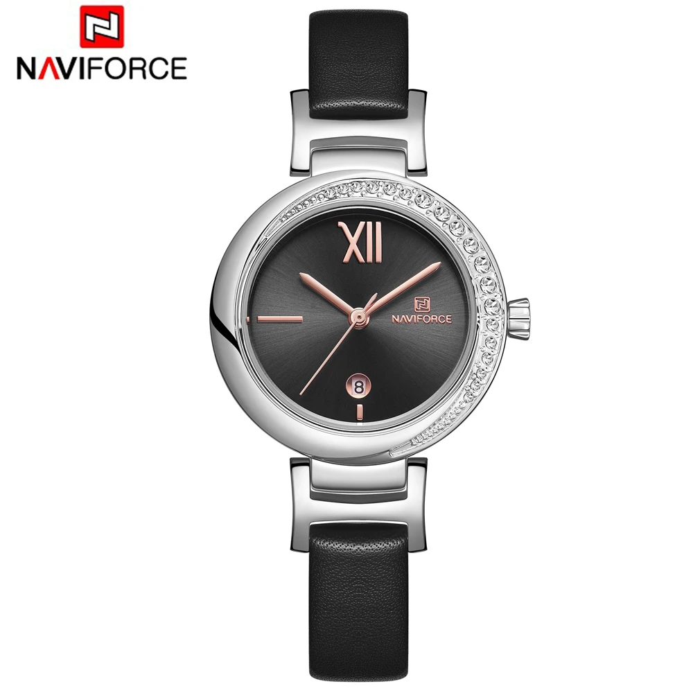 Kopen NAVIFORCE Top Merk Vrouwen Horloge Bloem Dames Horloge Lederen Band Armband Vrouwelijke Klok Nieuwe Relogio Feminino