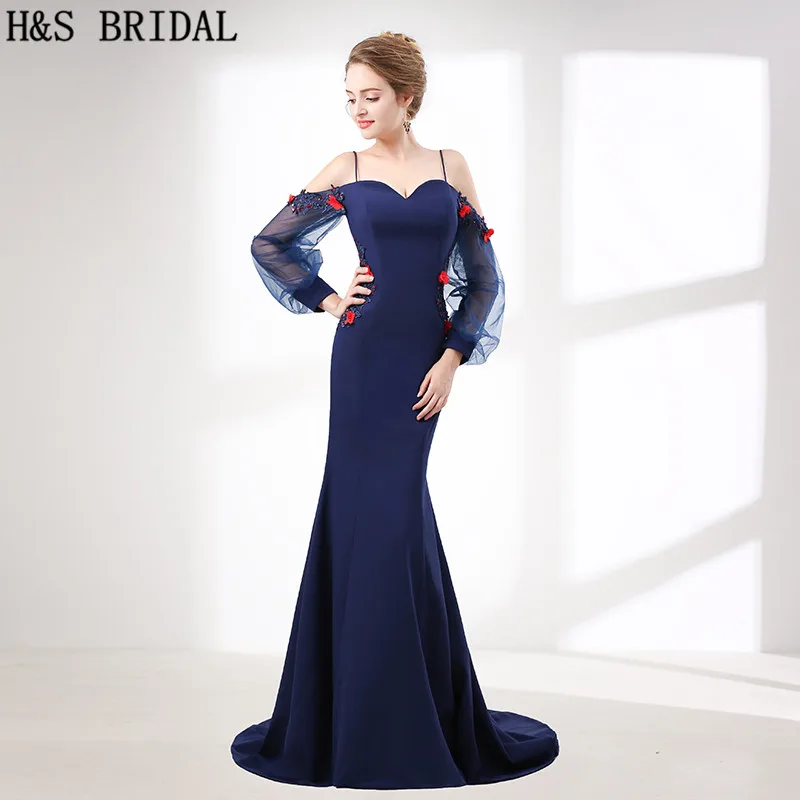 long sleeve navy blue evening gown