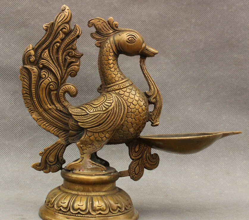 

song voge gem S3740 8" Folk Chinese Bronze Copper Peacock Phoenix Bird Statue Buddhism Candlestick