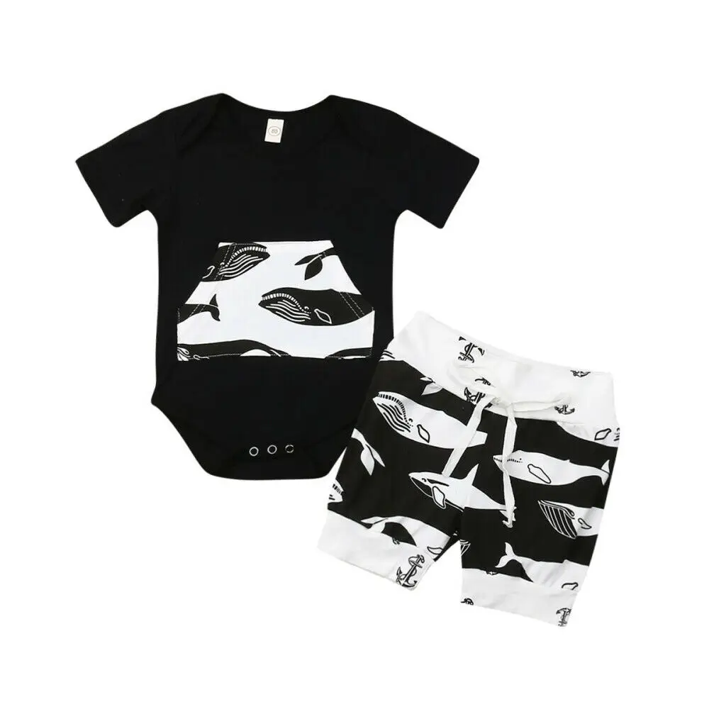 

Infant Baby Boy Whales Shorts Outfits Toddler Black Pocket Romper Top Cartoon Drawstring Short Pants Clothes Set 2 Piece Kids