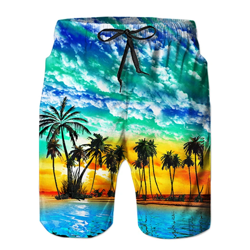 hot Men Quick Dry Coconut Tree Printed Elastic Waist Irregular Tide Plus Size Summer Beach Shorts