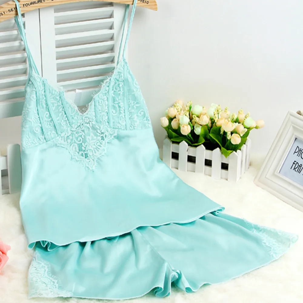 Сексуальная Дамская кружевная атласная Шелковая пижама наборы для женщин с v