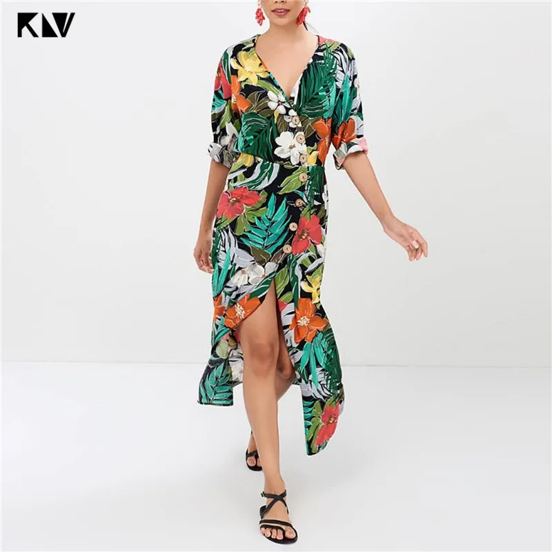 

KLV Plus Size Long Sleeve High Split Chiffon Dress Cross Wrap V-Neck Button Down Tropical Floral Printed Empire Waist Sundress