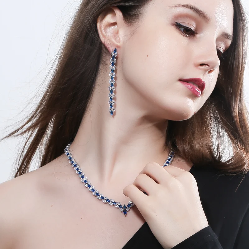 CWWZircons 3 Piece Royal Blue Cubic Zirconia Womens Wedding Party Costume Jewelry Necklace Earring Bracelet Set For Brides T038|necklace earring