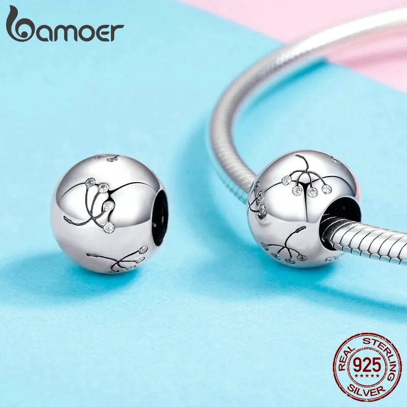 BAMOER 925 пробы Серебряный цветок одуванчика круглые бусины талисманы подходят для женщин серебряные браслеты-обручи ювелирных изделий BSC053