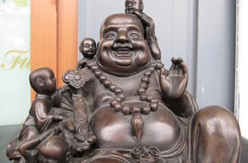 

10"Chinese Superb Pure Bronze Five Boys Play Maitreya arhat Buddha Statue