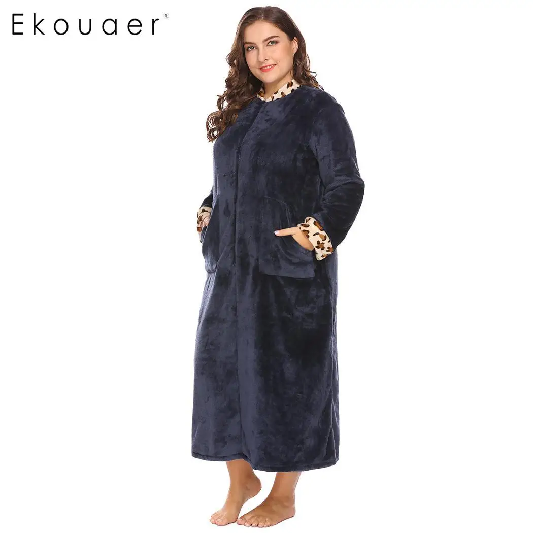 Ekouaer женские халаты больших размеров, ночные Теплые мягкие плюшевые флисовые халаты, леопардовые халаты со стоячим воротником, отделка на молнии, Халат