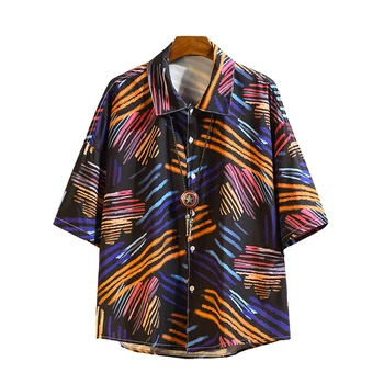 

2019 Casual Plaid Short Sleeve Shirt Men Street 2019 Hawaii Beach male shirt Hem Short Sleeve Shirts Mens