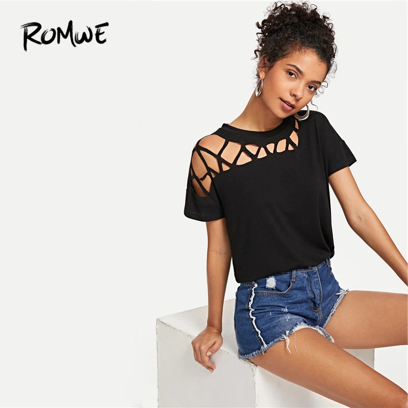 

ROMWE Cut Out Solid Tunic Tee 2019 New Stylish Black Summer Short Sleeve Women T-shirt Fabulous Female Clothing Tops