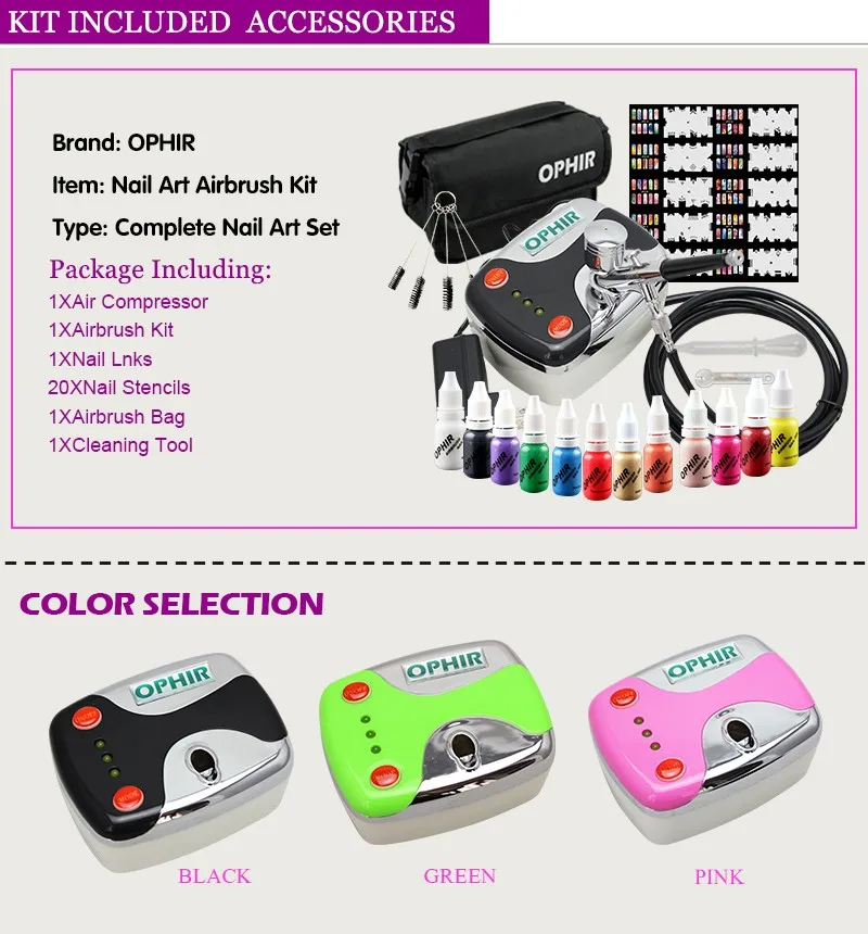OPHIR 0,3 мм пульверизатор для ногтей Комплект 12x красок для ногтей розовый воздушный компрессор с аэрографом ногтей Трафареты и сумка и щетка