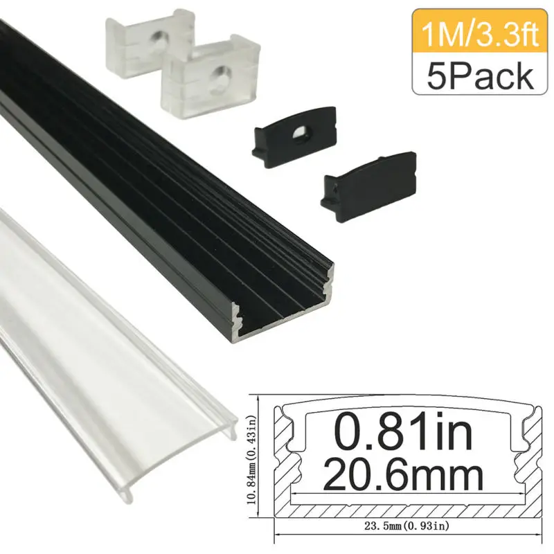

5m/lot 5x1m(3.3ft) Black 20mm Aluminum LED Channel kit for LED Strip Light Installations Aluminum Profile with Covers, End Caps