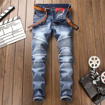 

2019 Dropshipping Mens Biker Jeans Pants Brand Designer Light Ripped Moto Denim Man Pleated Scratched Motorcycle Jean Trousers
