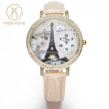 

Sakura Cheery Miss Keke Clay 3d Eiffel Tow Clock Women Girls Watches Ladies Woman Fashion Montre Femme Leather Wristwatches 1810