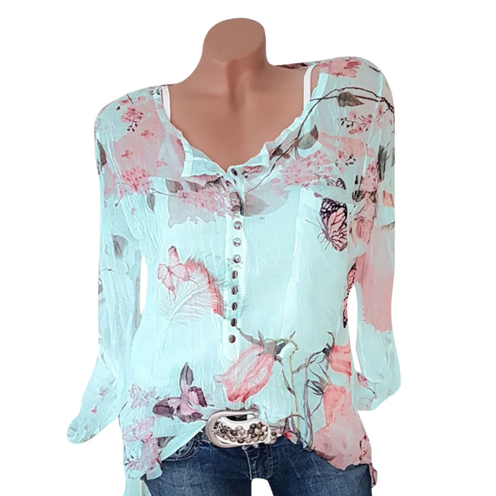 

2019 Dropshipping Hot Plus Size Women Casual Summer Chiffon Floral Printed Button Shirt Irregular Hem Top Blouse Ropa de mujer