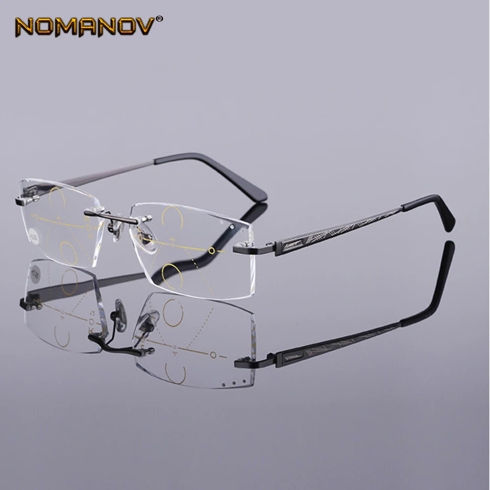 

NOMANOV = Progressive Multifocal Reading Glasses Titanium Alloy Rimless Diamond Cut See Near And Far TOP 0 ADD +0.75 To +4