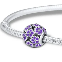 DIY Подходит для Pandora шармы браслеты маргаритки бусины с бледно-фиолетовый эмалью& CZ стерлингового серебра 925-ювелирные изделия