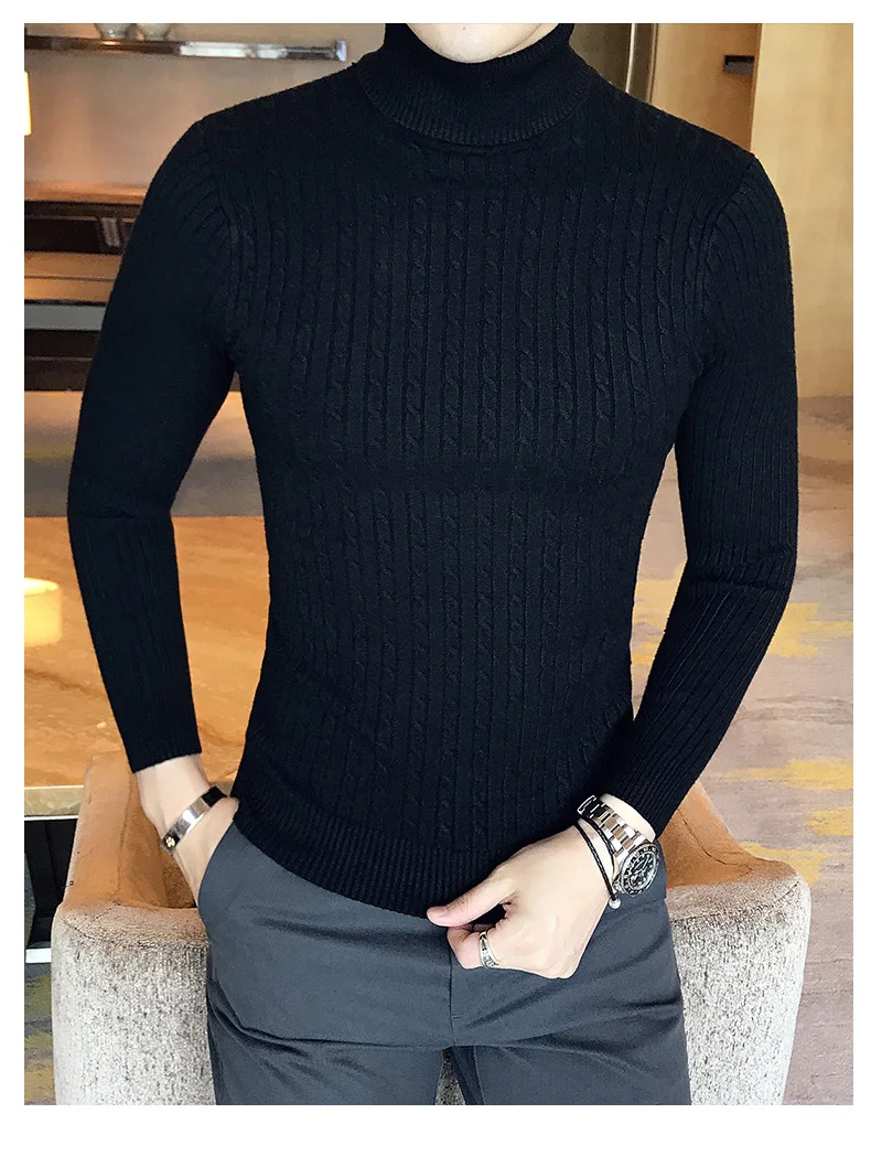 Корейский Тонкий Однотонный свитер с высоким воротником мужской зимний теплый вязаный свитер с длинными рукавами классический однотонный Повседневная Длинная рубашка