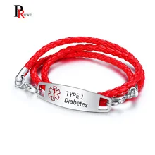 Плетеные Кожаные тройные браслеты, медицинские браслеты для детей, гравировка, название болезни, лед, нержавеющая сталь, идентификационная бирка