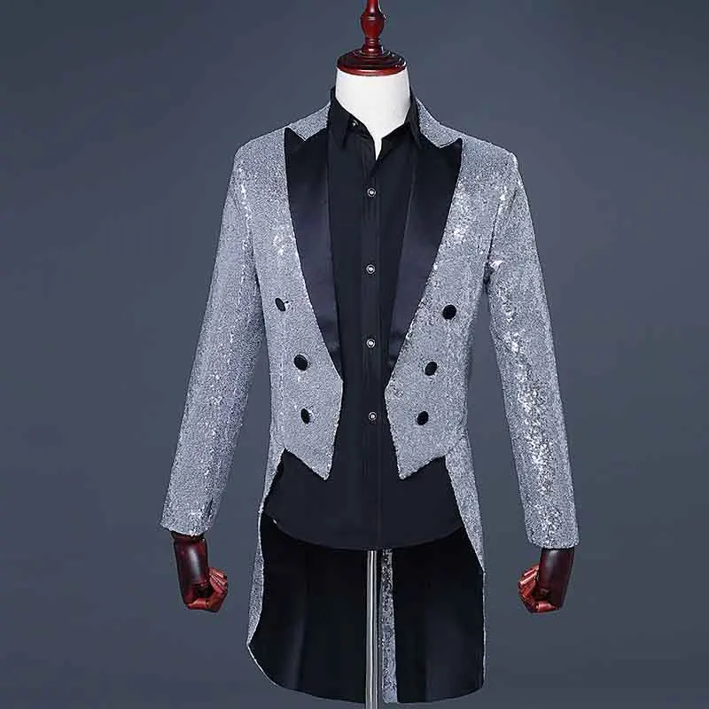 YUSHU блесток Slim Fit Стильный фрак сценический для певца Выпускные платья костюм высокого качества Свадебный костюм жениха куртка - Цвет: Серебристый