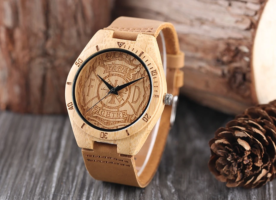 Luxury Handicrafts Gifts Engraving Firefighter Dial Light Bamboo Quartz Wooden Watch Mens Sports Genuine Leather Male Hour Clock 2018 (4)