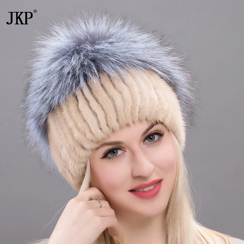 

JKP Winter Warm Real Natural Mink Fur Knitted Hat Women Real Fox Caps New Shelves Female Hedging Cap DHY17-23