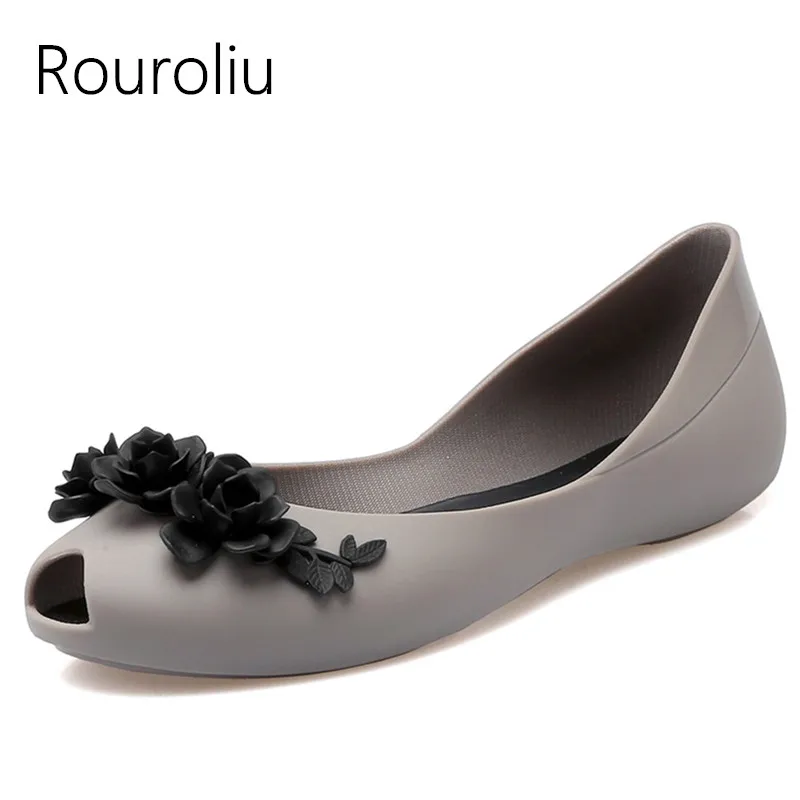 Rouroliu Women Summer Fashion Peep Toe Beach Shoes Flat Heel Appliques Sandals Comfortable Non-Slip Jelly Shoes Woman RB84 Rouroliu Women Summer Fashion Peep Toe Beach Shoes Flat Heel Appliques Sandals Comfortable Non-Slip Jelly Shoes Woman RB84
