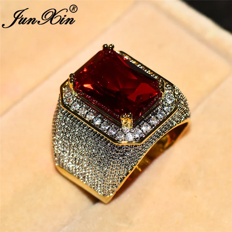 JUNXIN Boho Square Red Stone Big Rings For Men Women Yellow Gold Filled Large Zircon Crystal Engagement Wedding Ring Male Female