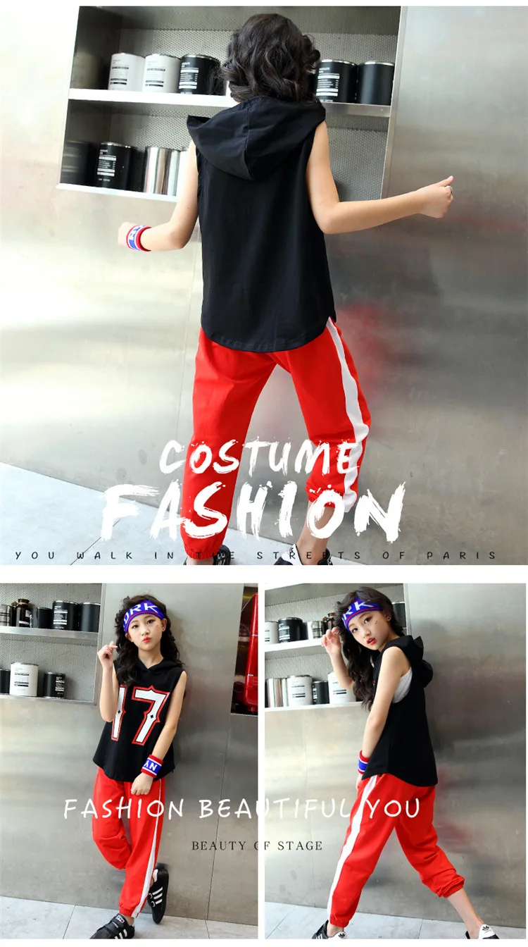 Girls Black long Hoodie Top Sleeveless Red Jogger Pants Jazz Hip Hop Dance Clothes For Kids Teen Girls Summer Sport Suits (5)