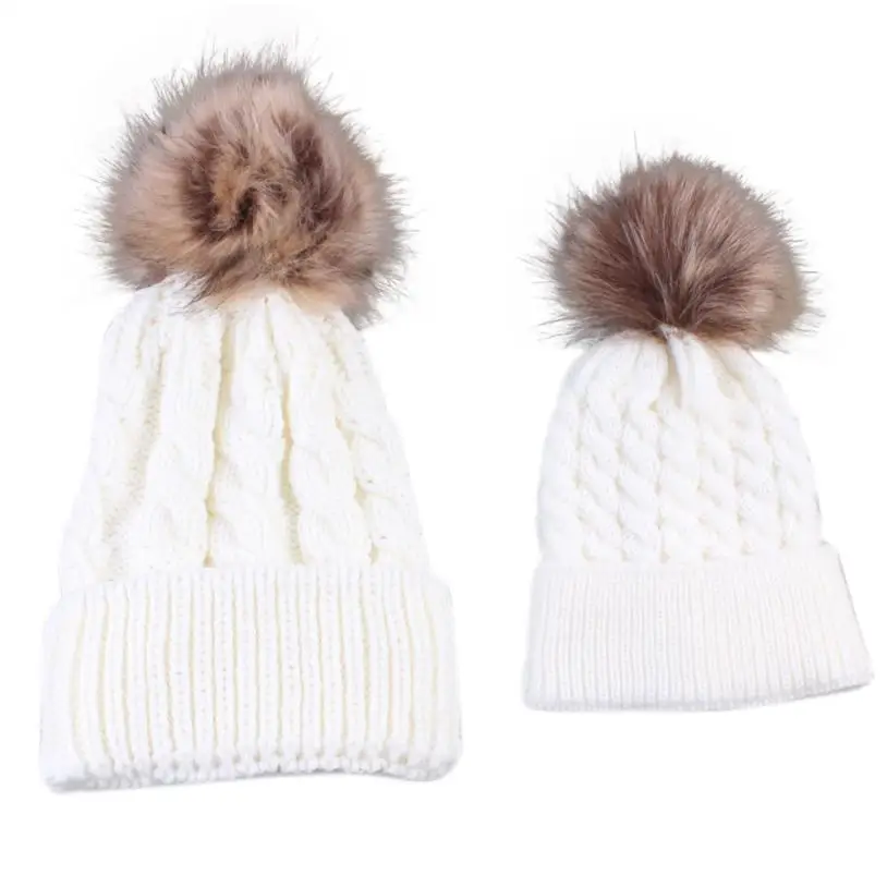 Коллекция года, меховые шапки для родителей и детей, вязаные шерстяные зимние женские головные уборы, модные шапочки для детей - Цвет: White