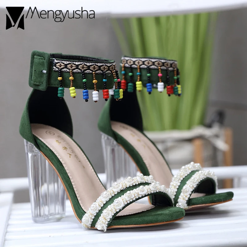 colorful string bead crystal high heel sandals women soft suede peep
