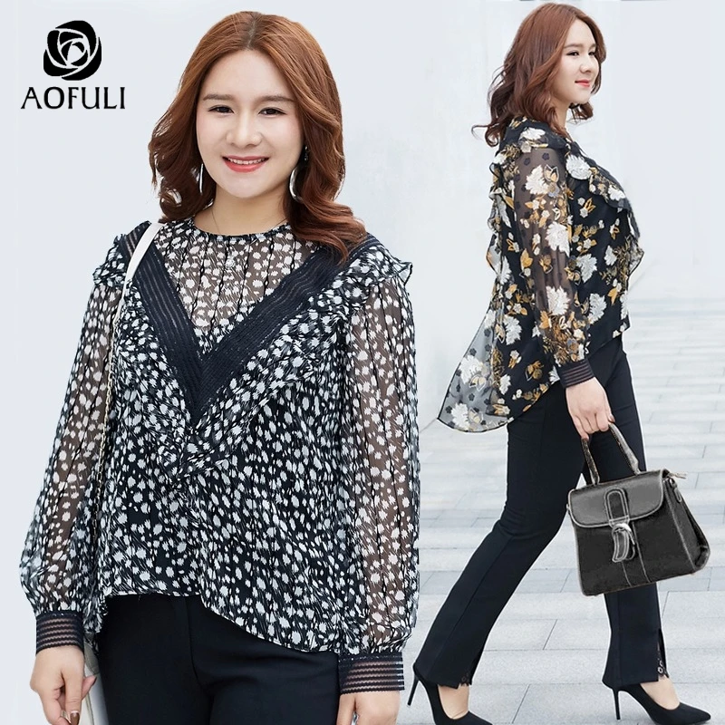 

L~ 4XL 5XL Chic Swallowtail Chiffon Blouses Autumn 2019 Ruffles Long Sleeve Print Shirt Floral Big Size Casual Tops AOFULI A3898