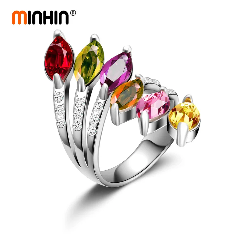 

MINHIN Luxury Bridal Rings For Women Silver Steel Crystal Finger Rings Sparkling Rhinestone Charm Wedding Rings