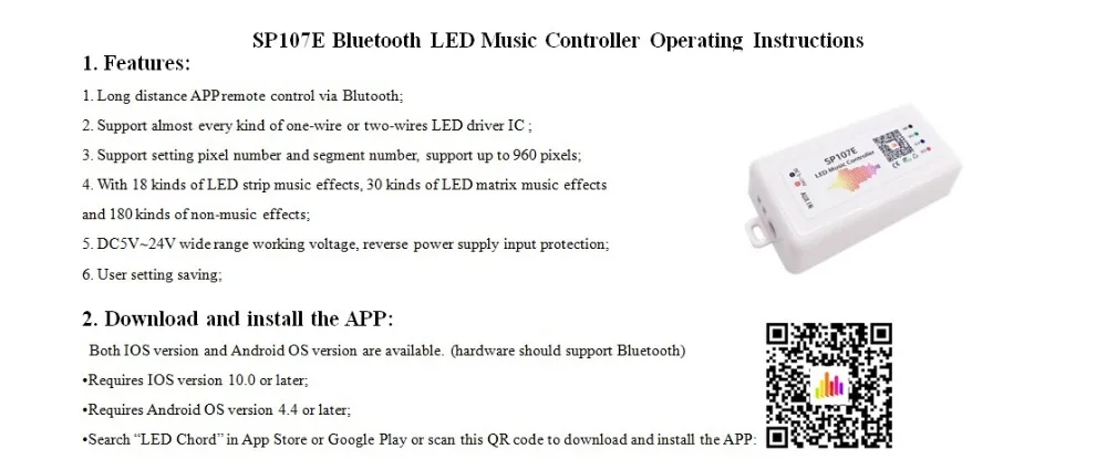 SP107E; Bluetooth светодиодный музыкальный контроллер пикселей; DC5-24V вход поддерживает WS2811/WS2812/WS2813/APA102C/UCS1903/TM1809 и т. д