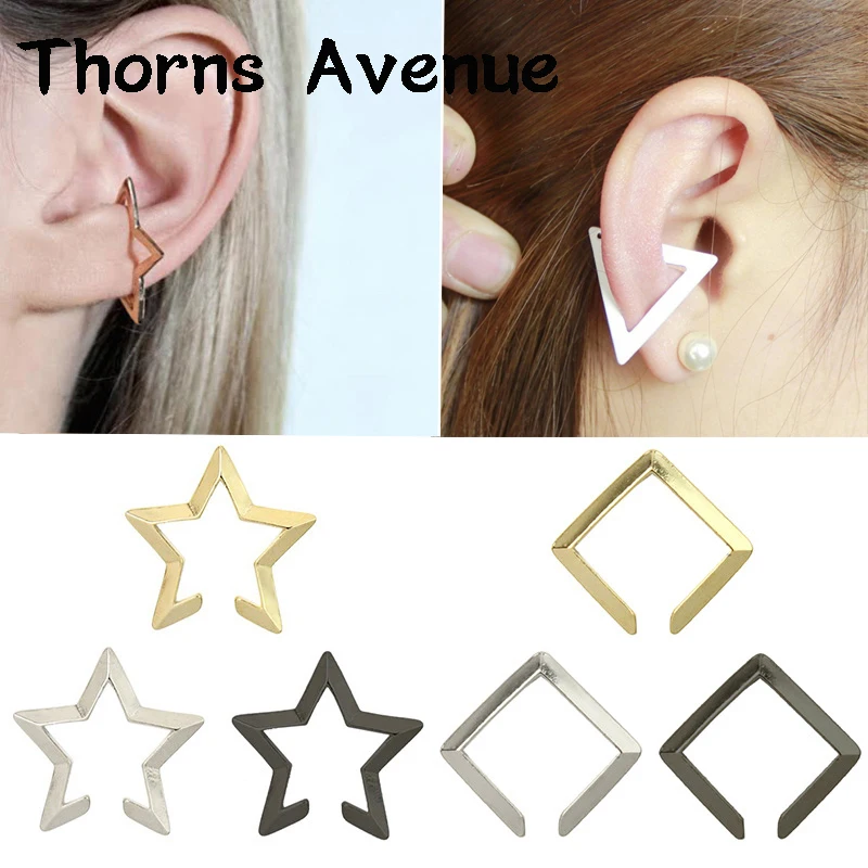 

New Fashion 1PC Sliver Black Gold Color Triangle Square Star Shape Earing Cuff Clip On Earrings For Men Women Ear Accessories