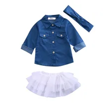От 0 до 5 лет, детский джинсовый топ с длинными рукавами для маленьких девочек, рубашка+ юбка-пачка, платье+ повязка на голову, комплект джинсовой одежды из 3 предметов