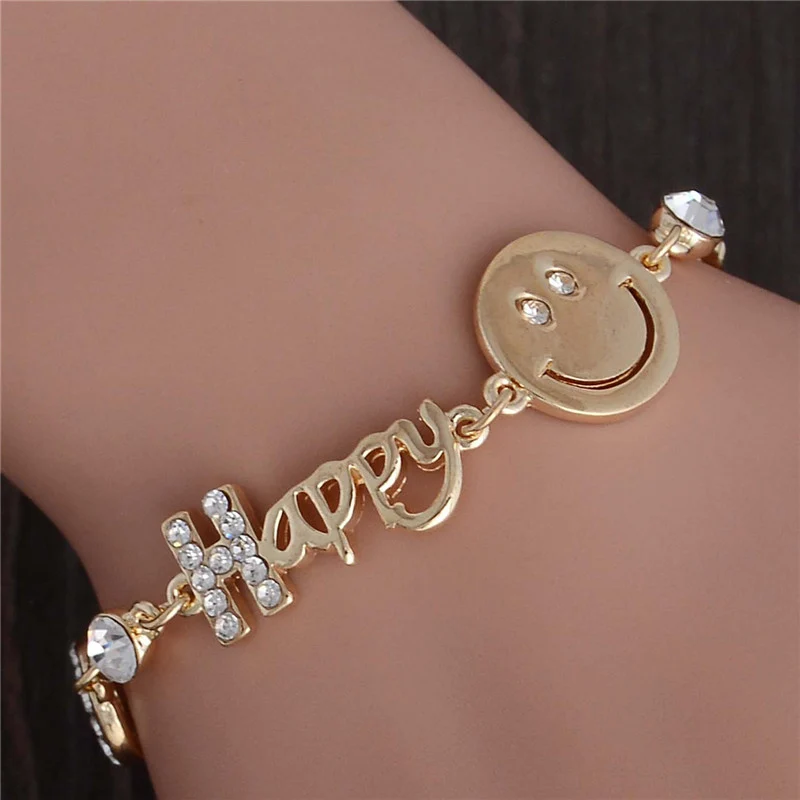 Free shipping Wholesale 18K Yellow Gold Filled Charms Bracelets Girl Happy Smile Face Bangle Austrian Crystal Lady Jewelry TL327