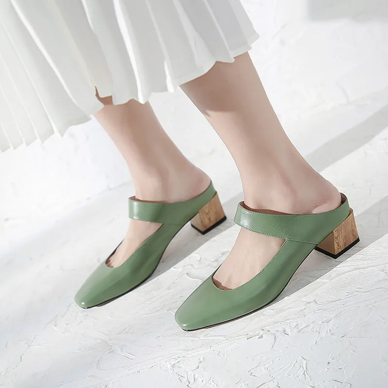 

YMECHIC Summer 2019 Slip on Woman Shoes Block Chunky Heels Green Beige Square Toe Daily High Heel Pumps Real Leather Mules 40 39