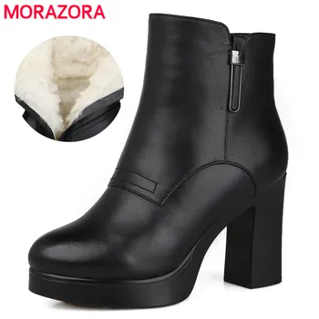 

MORAZORA 2020 new ankle boots women wool warm snow boots high heels genuine leather boots round toe platform winter boots shoes