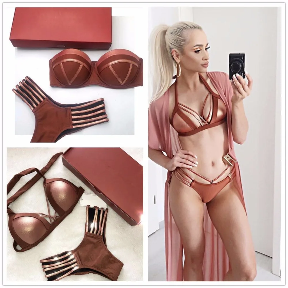 

Bikini 2019 push up sexy padded women swimwear biquines feminno bathing suit women bandeau bikini gold stamp Brazilian bikini