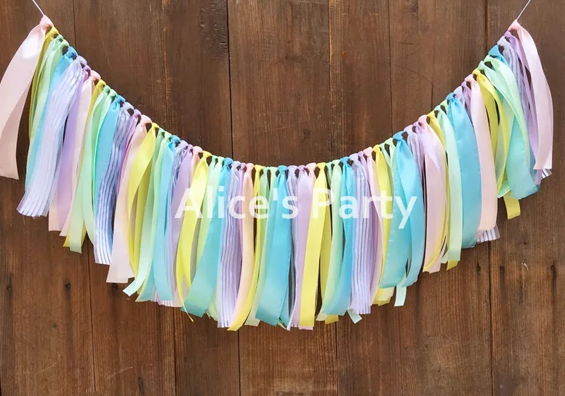 

New Rag Tie Pastel Rainbow Birthday Banner Unicorn Highchair Bunting Nursery Garland 1st Rainbow theme Cake Smash Photo Shoot