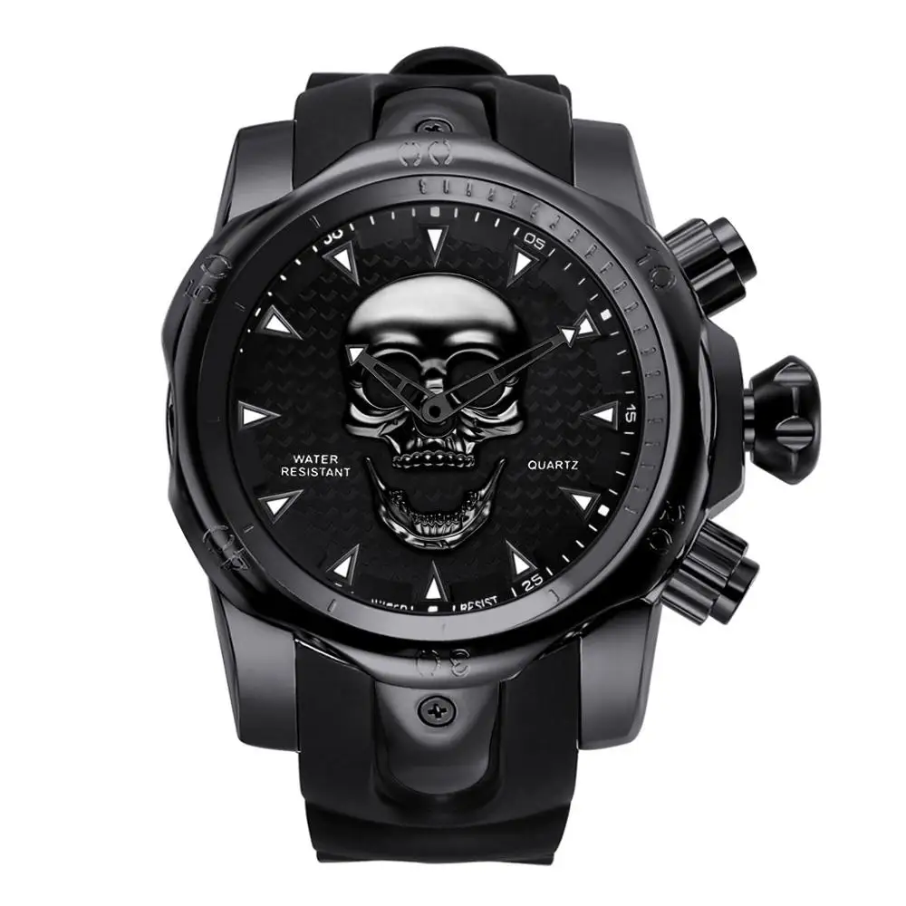 Мужские часы с 3D пиратским черепом, кварцевые часы топ бренда, мужские военные силиконовые спортивные мужские часы, водонепроницаемые мужские часы - Цвет: Черный